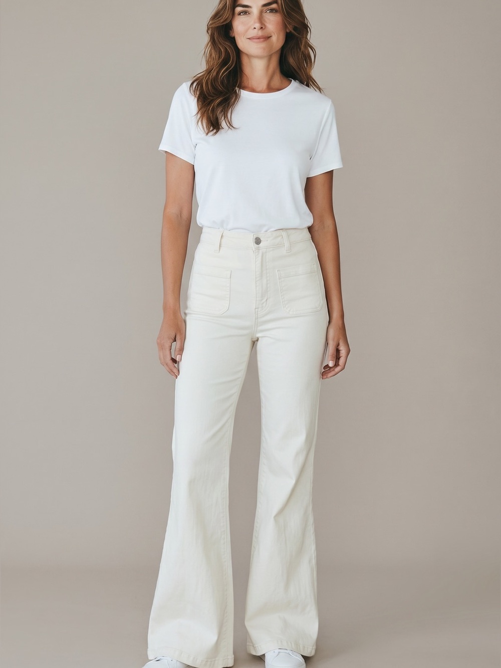 ALICE + OLIVIA High Rise Off-White Flare Wide Leg Cotton Pants Trousers